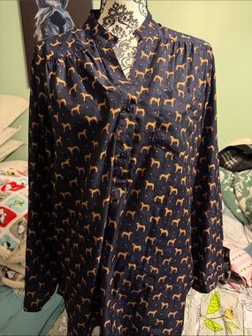 fun 2 fun Navy Blouse with Tan Dog Print